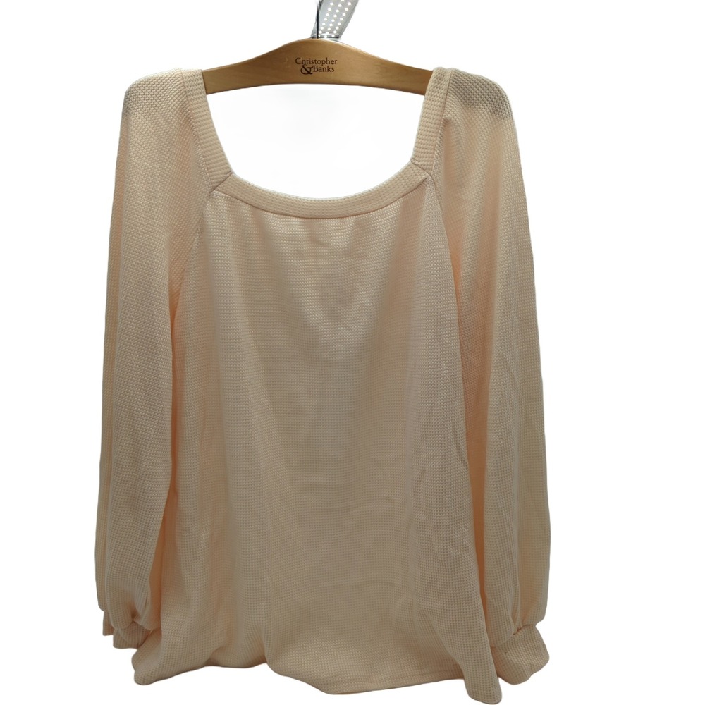 Waffle Knit Square Neck Long Sleeve Top Peach XL Raglan Balloon Sleeve Thermal